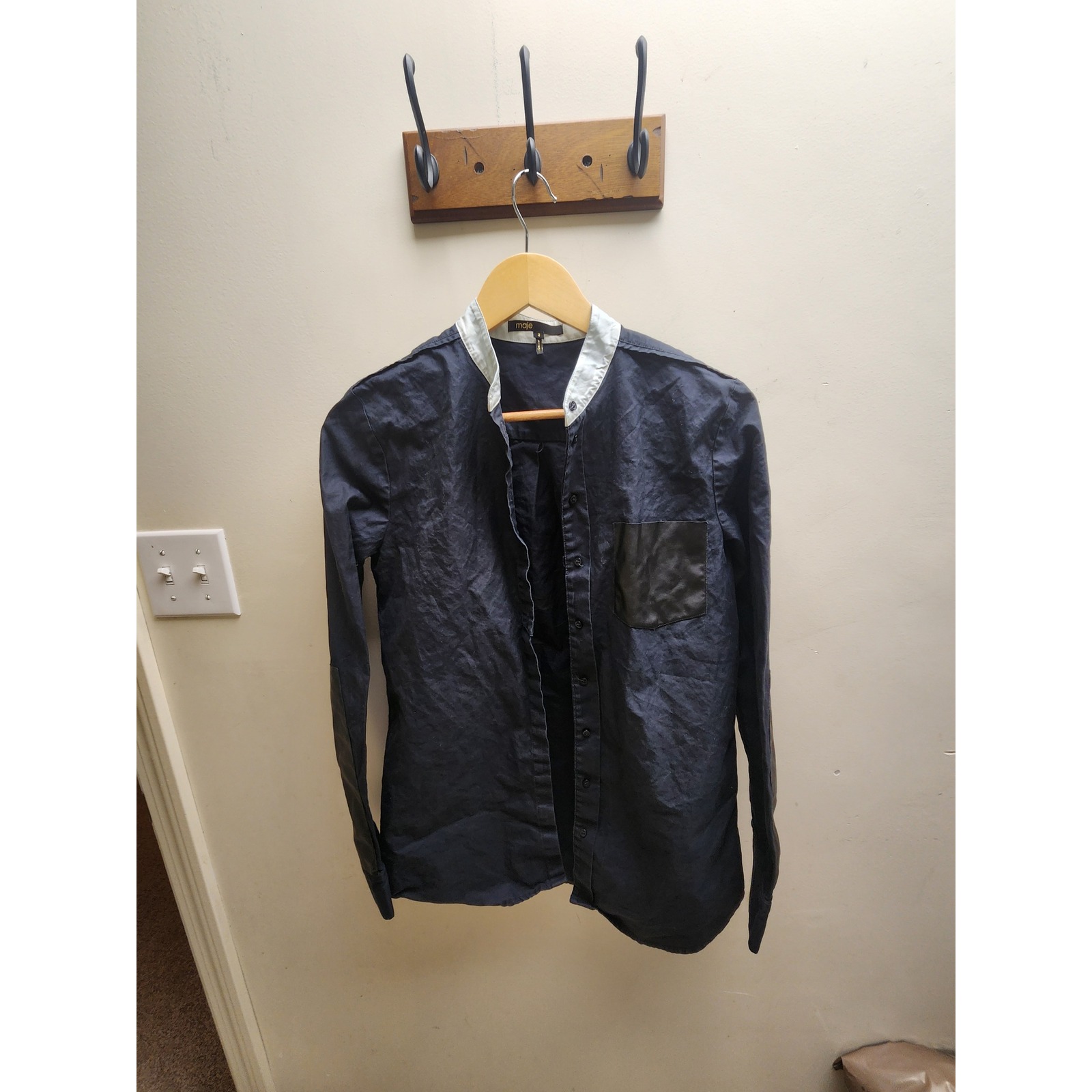 Maje Womens Navy Blue/Black Button Down Shirt Faux Leather Pocket 2